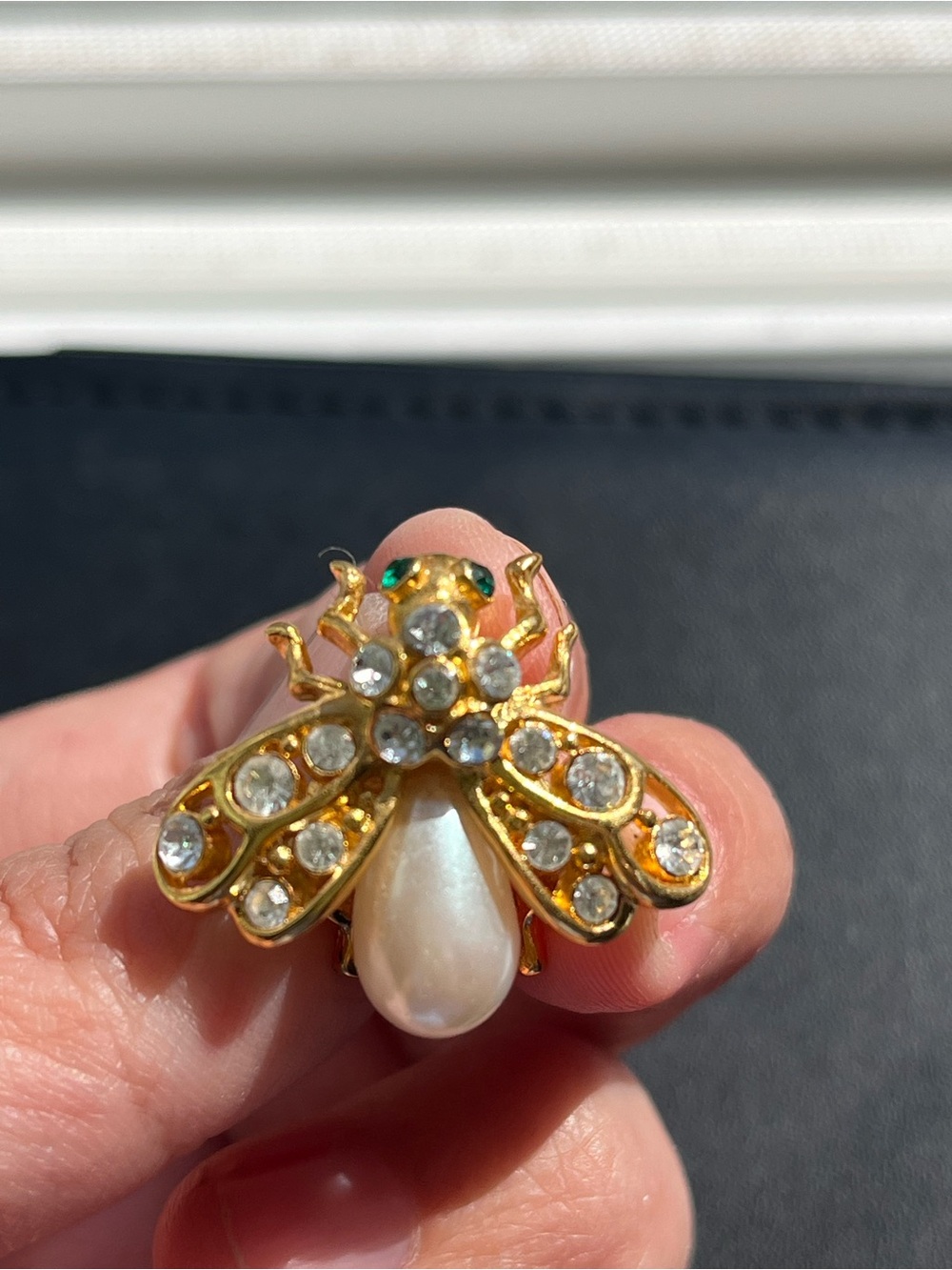 Joan Rivers Gold Bee Brooch with Pearl Drop and Clear Crystals
